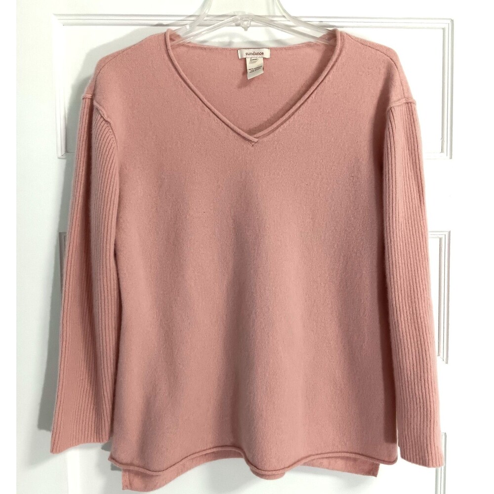 Sundance 100% Cashmere Sweater Wn PM Rose V-Neck Rolled Hem Preppy Quiet Luxury